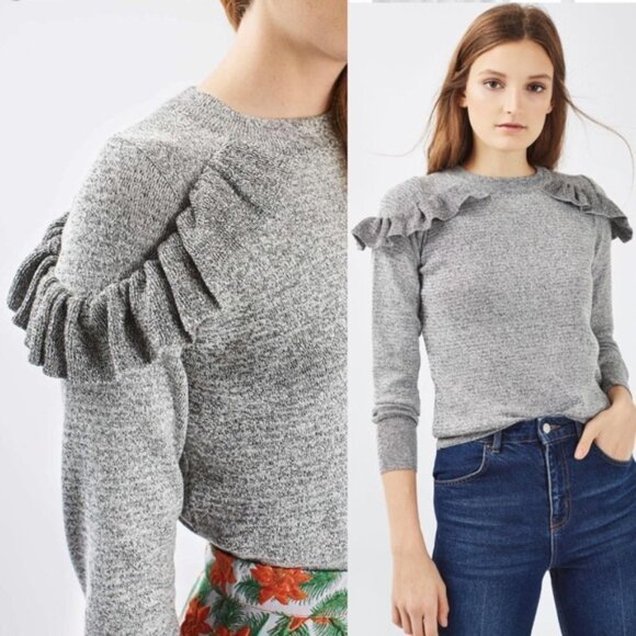 Topshop Gray Ruffle Shoulder Sweater Women's‎ Size 8 Pullover Crewneck Holiday - Picture 1 of 8
